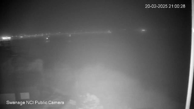 A low-visibility scene captured by a webcam shows a dark landscape with a faint outline of the shoreline. The water appears calm, and distant lights are barely visible along the horizon. The background is mostly obscured by fog or low light, making details hard to discern. The date and time displayed in the corner indicate February 20, 2025, at 21:00:28.