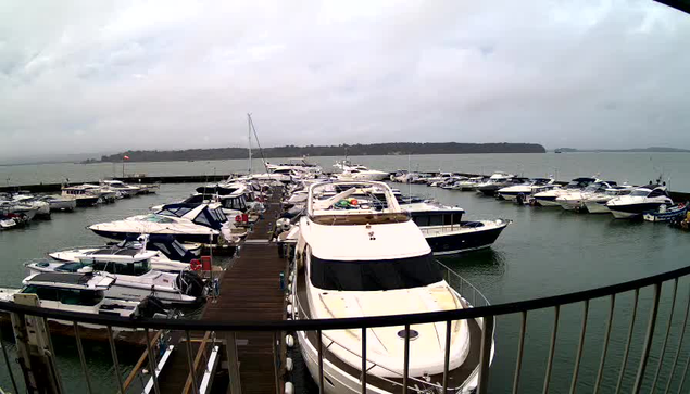 A marina scene featuring numerous boats moored in water. In the foreground, a large white boat is docked, with other smaller boats surrounding it. The water is calm, and there is a cloudy sky overhead. In the background, a distant landmass can be seen across the water, with a flag visible on the dock. The overall atmosphere appears tranquil and slightly overcast.