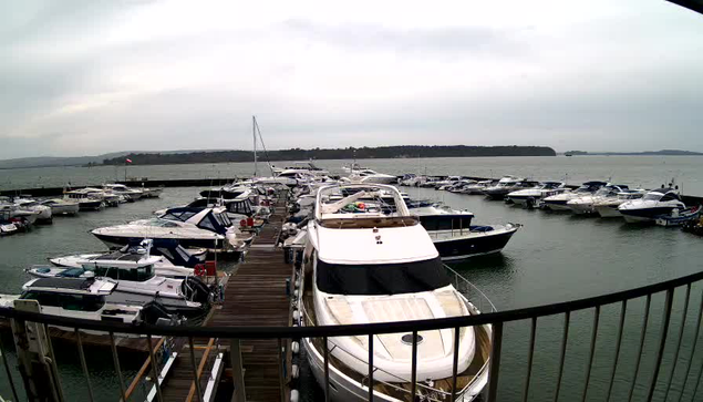 A view of a marina on a cloudy day, featuring multiple boats and yachts docked in a harbor. The foreground shows a large white boat with a wooden deck, while smaller vessels in various colors are lined along the pier. The water is calm, and in the background, a shoreline with trees can be seen under a gray sky.