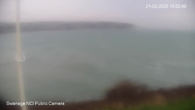 A blurry image of a coastline with choppy water and overcast skies. The scene is primarily grayish-blue, with indistinct landforms in the background. There are some dark patches along the shore, possibly vegetation or rocks. The date and time are displayed in the top right corner.