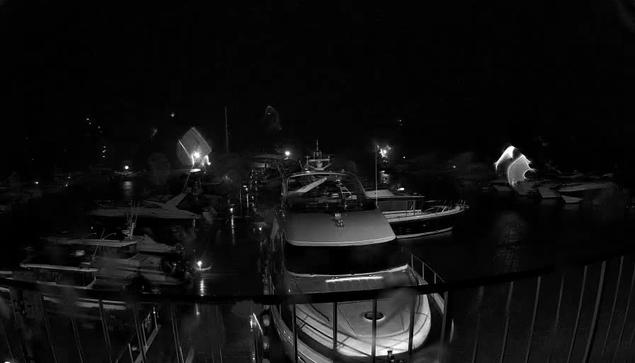 A nighttime view of a marina filled with various boats and yachts. The scene is predominantly dark, illuminated by scattered artificial lights reflecting on the water. Some boats are close to the foreground, while others are farther back. A railing can be seen at the bottom, framing the image. The sky is black with minimal visible detail, emphasizing the water and vessels.