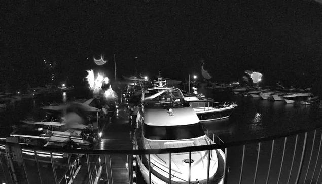 A dark night scene depicting a marina with several boats docked. The image is primarily in black and white, showcasing the silhouettes of various boats of different sizes. Some boats have lights glowing, creating reflections in the water. The perspective includes a railing in the foreground, giving a sense of depth to the marina, which is calm and serene.