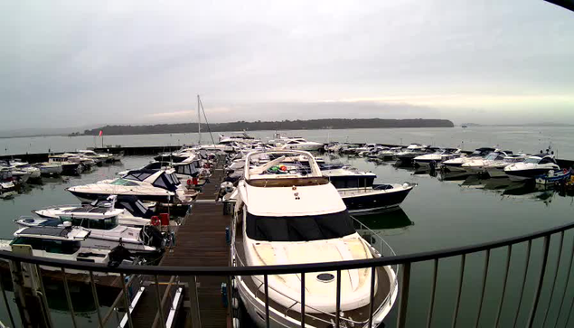 A view of a marina filled with numerous boats docked in still water. The scene is partly cloudy, with a hint of fog in the distance. A wooden dock runs in front of the boats, and a railing is visible in the foreground. The hills in the background are partially obscured, adding to the serene atmosphere.