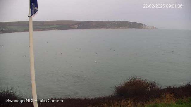 A view of a calm sea under a cloudy sky. In the foreground, a flagpole stands on the left with a flag flapping gently. The water is smooth, with several small buoys floating on the surface. In the background, a green hillside rises gently toward a cliff along the shoreline. The image appears somewhat overcast, suggesting a cool and misty day.