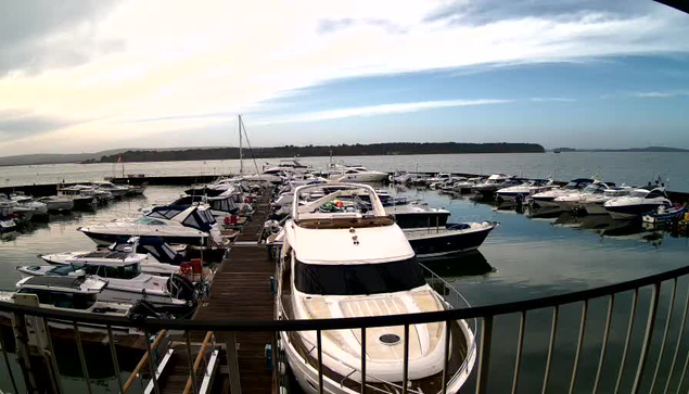 A view of a marina filled with numerous boats docked along a wooden pier. Some boats are white and others have blue or striped patterns. The water is calm and reflects the sky, which has soft clouds and a hint of sunlight. In the background, there are distant hills visible along the shoreline.