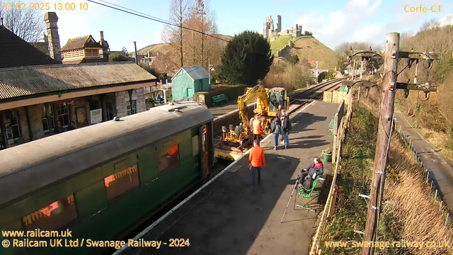 A sunny railway station scene showing a green train parked on the left side of the platform. Several people are gathered near construction equipment, including a yellow excavator. A few individuals are standing and sitting on benches, while more are interacting around the construction area. In the background, a historic castle can be seen on a hill, and there are trees and buildings lining the station. The tracks extend in the background, with a wooden pole and wires on the right. The overall atmosphere is busy and bright.