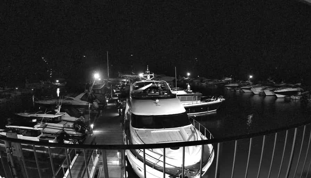 A nighttime scene of a marina filled with various boats docked at the pier. The image is primarily in black and white, showing the silhouette of yachts and smaller boats on the water. Some boats have cabin lights visible, casting reflections on the surface of the water. The dock has a railing in the foreground, and the background features more boats, suggesting a bustling marina atmosphere despite the darkness.