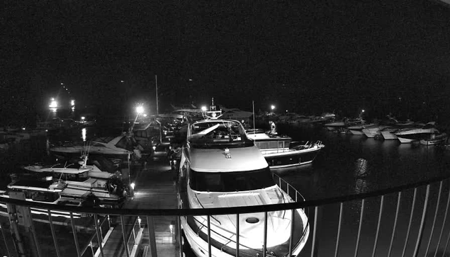 A nighttime scene at a marina filled with various boats docked along wooden walkways. Some boats are lit with white lights, reflecting in the dark water. The atmosphere is calm, with the surrounding area dimly illuminated by dock lights. The image is in black and white, emphasizing the shapes and outlines of the boats.