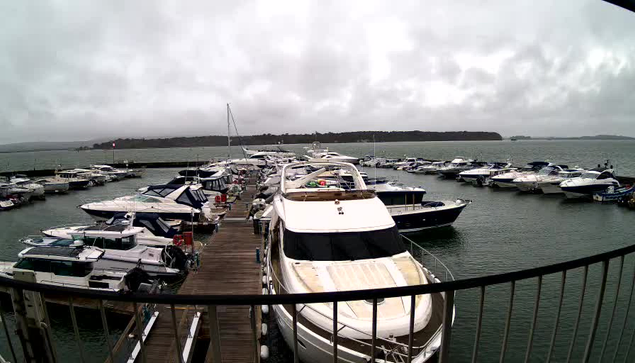 A view of a marina under overcast skies. Numerous boats of varying sizes are docked along a wooden pier. Some boats have canopies or covers, and a few are white or light-colored. The water appears calm, with gentle ripples. In the background, a green landscape can be seen, and there are additional boats further in the distance.