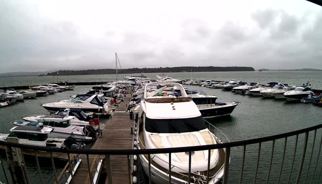 A view of a marina under a cloudy sky. Numerous boats are docked in the water, with a mix of motorboats and yachts. The foreground features a large white boat with a sleek design. Wooden walkways extend along the docks, connecting to several boats. The water appears calm with gentle ripples, and land is visible in the background, partially obscured by haze.