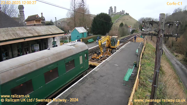 A railway station scene on a cloudy day. In the foreground, a green train carriage is parked at the station. A yellow maintenance vehicle is positioned on the tracks near the train. Several people, including a few walking on the platform, can be seen in the background. To the left, there is a rustic building with a sloped roof and a few trees, while a castle ruins are visible on a hill in the distance. Green benches line the platform, and there's a wooden fence bordering the area.