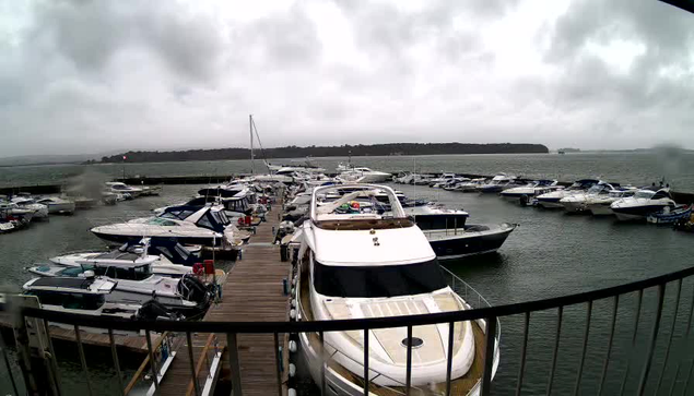 A view of a marina under cloudy skies. Several boats are docked in the water, both large and small, with some tied to a wooden pier in the foreground. The water appears choppy, and there are hills visible in the background. The atmosphere looks overcast, suggesting a rainy day.