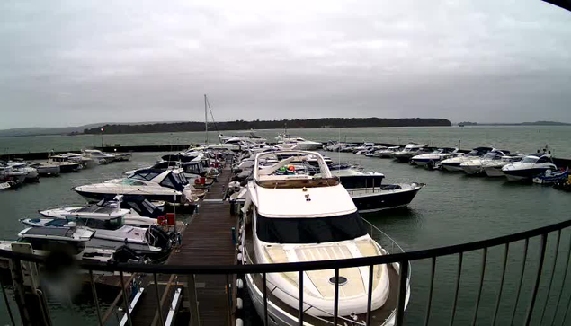 A view of a marina on a cloudy day, featuring numerous boats docked along a wooden pier. The boats vary in size and type, with a prominent white yacht in the foreground. Water is visible in the background, with a landscape of trees and hills beyond the marina. The sky is overcast, contributing to a gray atmosphere.