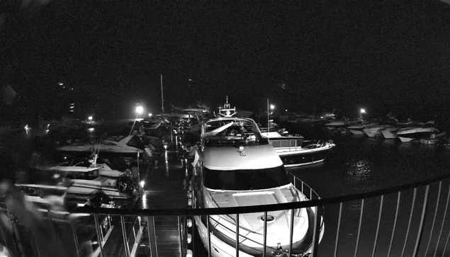 A nighttime scene at a marina with several boats and yachts moored at the docks. The image is in black and white, showing a variety of boat shapes and sizes. Soft lights illuminate the area, reflecting off the water's surface. The dock is partially visible in the foreground, with some boats neatly lined up, indicating a busy marina atmosphere.