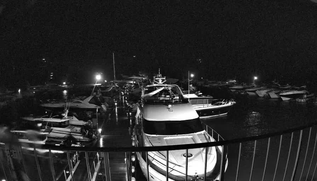 A night scene at a marina captured in black and white. Several boats are docked at a wooden pier, with some illuminated by distant lights. The water is dark, reflecting the lights from the boats and surrounding area, creating a tranquil atmosphere. The scene features a prominent large yacht in the foreground, with additional boats further back, suggesting an active marina.