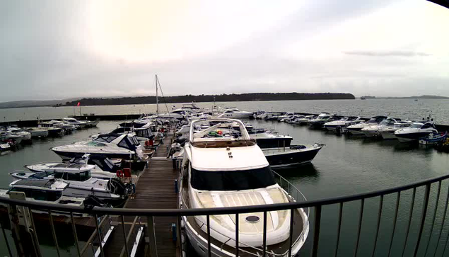 A marina scene with numerous boats moored in the water. In the foreground, several motorboats are docked, with one larger yacht prominently featured. The sky is overcast, and there is a calm body of water reflecting the boats. There are wooden docks visible, leading away from the camera, and some greenery can be seen in the distance. The atmosphere appears tranquil and slightly gray due to the cloudy weather.