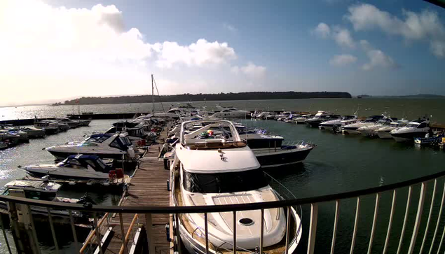 A marina filled with numerous boats docked along wooden docks. In the foreground, a large white motorboat is visible, with a few smaller boats around it in the water. The scene is set under a bright blue sky with scattered clouds, and the water reflects the sunlight. The dock area is wooden, adding a natural texture to the image. In the background, land can be seen in the distance, framing the marina.