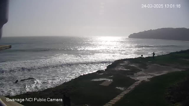 A tranquil seaside scene under a hazy sky. The sun reflects brightly off the calm ocean water, creating a shimmering effect. In the foreground, a grassy area slopes down to the shoreline, where gentle waves lap against the rocky coast. A pathway made of stone leads toward the water's edge. There is a figure standing on the grass, looking out at the sea. The backdrop features a coastal cliff under the soft light of day.