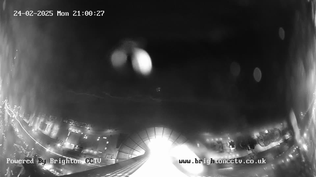 A black and white webcam image depicting a road with traffic lights and vehicles. The foreground shows a curved structure indicating a bridge or overpass, leading toward a brightly lit area in the distance, which appears as a bright white light. The background features some blurred lights, suggesting urban development along the sides of the road. The date and time in the corner indicate it is February 24, 2025, at 9:00 PM.