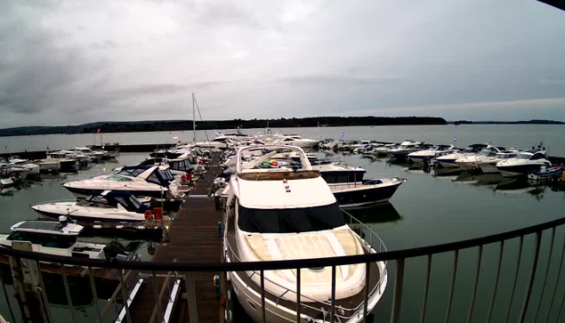 A marina filled with many boats is shown in the image. There are various types of boats, parked in neat rows along a wooden dock. The water is calm and reflects the gray clouds above, indicating an overcast day. A few boats have colorful awnings and lights. In the background, land is visible along the water's edge, with trees lining the shoreline. The overall scene conveys a tranquil maritime atmosphere under cloudy skies.