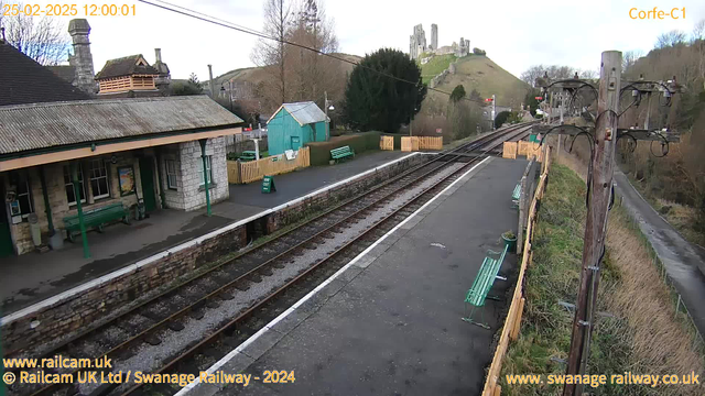 A scenic view of a railway station, featuring a stone building on the left with a peaked roof and a covered waiting area with green benches. In the foreground, two sets of railway tracks run parallel, leading towards a distant hill crowned with castle ruins. To the right, there are utility poles and wires, along with a path and a small green shed. The atmosphere is calm, with trees in the background and a few scattered clouds in the sky.