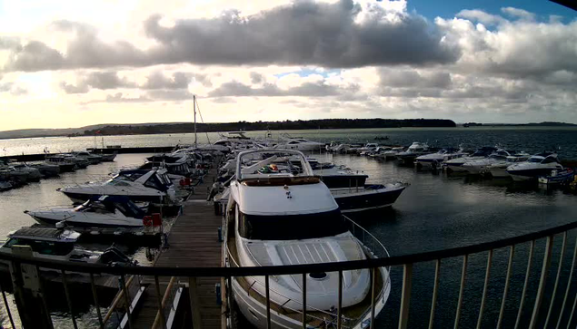 A marina scene featuring several boats moored in calm water. The foreground shows a large white boat with a sleek design. Surrounding boats are a mix of sizes and colors, predominantly white and blue. In the background, there is a wooden pier extending into the water, and the horizon reveals a distant shoreline with green landscapes. The sky is partly cloudy with patches of sunlight breaking through, casting reflections on the water's surface.