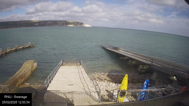 A view of a seaside harbor featuring a calm blue sea with some boats floating. To the right, there are two colorful kayaks, one yellow and one blue, positioned near a concrete bank. A stone jetty extends into the water, and a large concrete ramp leads from the shore to the water's edge. The background shows a coastal landscape with cliffs partially covered by clouds. The sky is mostly clear with a few scattered clouds.