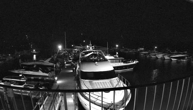 A nighttime scene at a marina with several boats docked. The image is in black and white, showcasing illuminated areas where lights reflect off the water. There are various sizes of boats, including larger yachts and smaller vessels, with a wooden walkway connecting them. The overall atmosphere is calm and serene, with a few distant lights hinting at surrounding structures or trees.