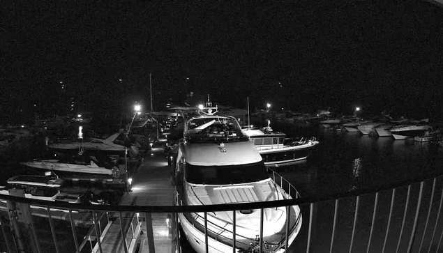 A dimly lit marina at night featuring several boats docked along a wooden pier. The scene is primarily in black and white, with some lights reflecting off the water. The boats vary in size, with the closest boat showing a smooth, white hull and a central cabin. There are additional boats visible in the background, along with scattered lights illuminating the marina. The atmosphere is calm and quiet, typical of a nighttime setting by the water.