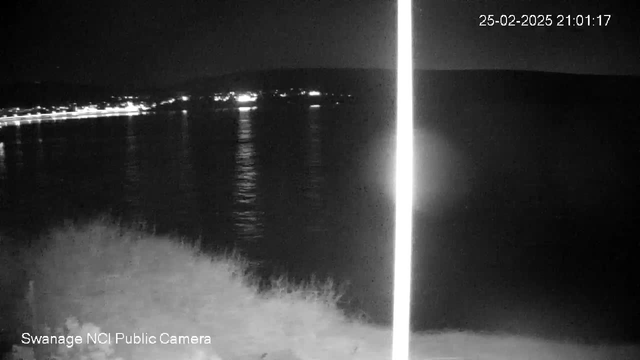 A nighttime landscape featuring a body of water reflecting faint lights from a distant shore. The scene is mostly dark, with some illumination visible along the water's edge. A bright vertical line, likely a light source or reflection, runs through the center of the image. In the foreground, there are hints of grass or foliage. The date and time are displayed in the top right corner.