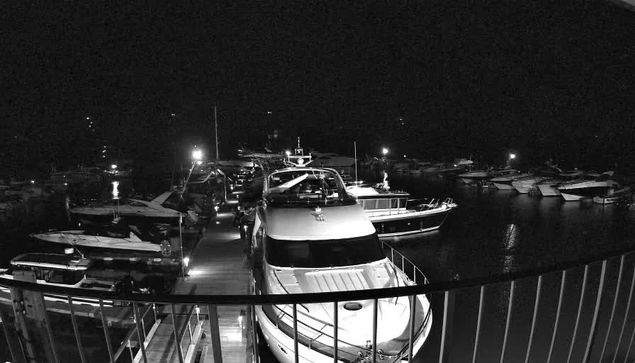 A nighttime scene at a marina, featuring multiple boats docked in calm waters. The image is in black and white, highlighting the silhouettes of various vessels including yachts and smaller boats. Some lights from the boats and the marina illuminate the water, creating reflections. The dock is visible in the foreground, leading to the boats, while the background fades into darkness with hints of more boats and structures.