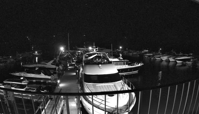 A nighttime view of a marina filled with various boats and yachts. The scene is illuminated by artificial lights reflecting on the water. A wooden walkway leads through the marina, with several boats lined on either side. The image is in black and white, emphasizing the contrast between the dark water and the bright lights. Railings are visible in the foreground, framing the view of the boats and shoreline.