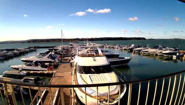 A marina filled with several boats moored at docks, under a clear blue sky with a few clouds. The water is calm and reflects the boats and sky. In the foreground, larger boats are docked close to a wooden boardwalk which runs parallel to the water. Beyond the marina, a green hillside is visible in the distance.