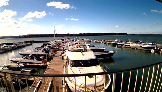 A marina filled with various boats docked along wooden piers. The scene is set under a clear blue sky with some scattered clouds. In the foreground, a large white yacht is visible, while smaller boats, predominantly blue and white, are moored nearby. The water is calm and reflects the sky, with a distant shoreline lined with greenery.