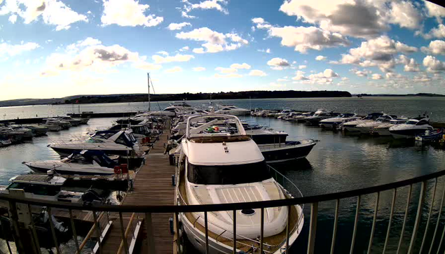 A marina scene with various boats docked in calm waters. The foreground features a white boat with a canopy, alongside several other boats of different sizes and colors. The background shows a wide expanse of water and blue sky scattered with fluffy white clouds. In the distance, a green shoreline can be seen, enhancing the tranquil atmosphere of the setting.