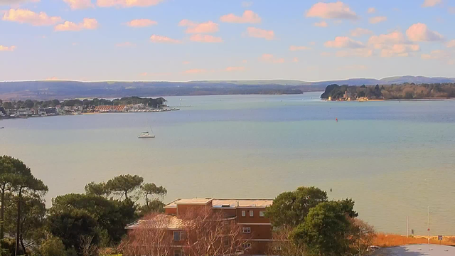 A scenic view of a calm body of water, with gentle ripples reflecting shades of blue and green. In the foreground, there are a few trees and a low-rise building. To the left, a marina is visible with several boats moored. In the distance, rolling hills and a coastline can be seen, dotted with more trees and structures. The sky is mostly clear with a few fluffy clouds scattered across it.