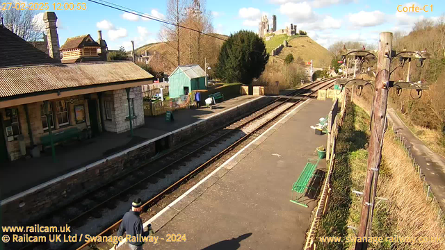 A railway station platform is visible, with stone buildings on the left and a green shed on the right. There is a man in a dark coat and hat walking towards the platform's edge. The platform features benches and potted plants, with railway tracks extending into the distance. In the background, a hill rises with a castle ruin atop it, under a partly cloudy blue sky.