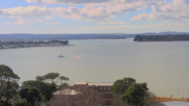 A scenic view of a calm body of water, with a small sailboat in the foreground. The background features a shoreline with a few buildings and houses, surrounded by trees. In the distance, rolling hills and a blue sky with scattered clouds can be seen. The scene has a tranquil and serene atmosphere.