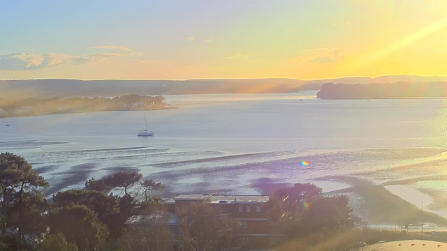 A serene landscape featuring a wide waterway with gentle ripples reflecting the soft hues of a sunset. A small sailboat drifts quietly on the water, while the distant shore is lined with trees and some buildings. Sunlight streams through the scene, casting a warm glow, and creating a shimmering effect on the water's surface.