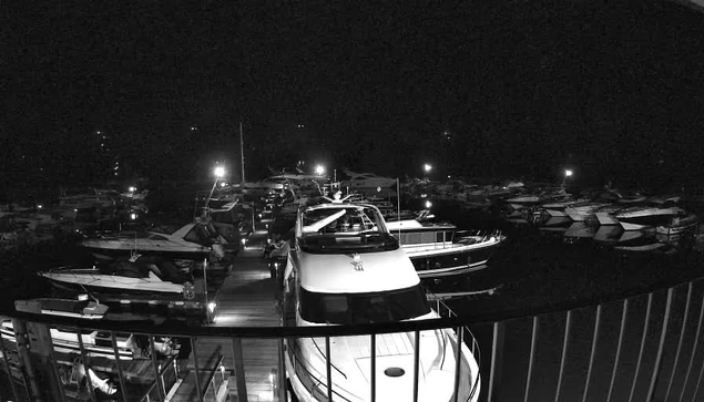 A nighttime view of a marina filled with several boats and yachts docked along a wooden pier. The scene is illuminated by various artificial lights reflecting off the water, creating a contrast against the dark background. The foreground features a railing separating the viewing area from the boats. The boats vary in size and shape, some with visible details like decks and railings, while the area beyond the boats is mostly obscured by darkness.