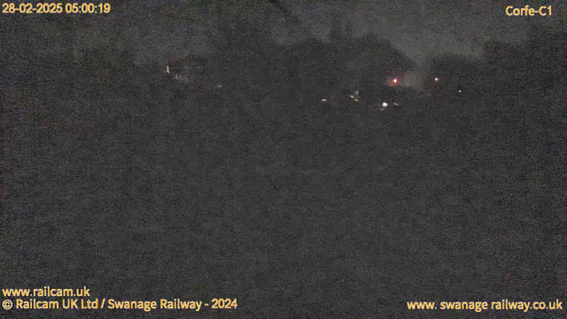 The image is very dark with limited visibility. It appears to be taken from a webcam at night, showing a blurred background with faint outlines of trees or buildings. There are a few dim lights visible in the distance, possibly from vehicles or streetlights. The top of the image shows a timestamp indicating the date and time. The corners display the website and copyright information in yellow text.