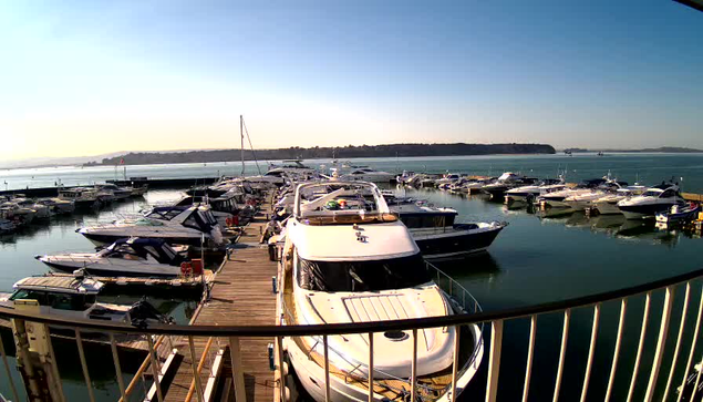 A sunny marina scene shows numerous yachts moored along a wooden dock. In the foreground, a large white yacht with a sleek design is prominently positioned. Various smaller boats and yachts are scattered throughout the marina, each with different colors and styles, creating a vibrant visual. The clear blue sky meets the calm waters of the harbor, while distant hills are visible in the background, enhancing the serene atmosphere of the location.