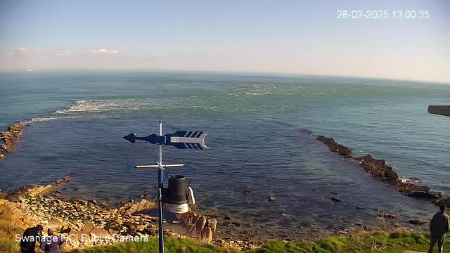 A scenic view of the ocean from a coastal area. In the foreground, there's a rocky shoreline leading into the water. A weather vane is visible on the left side, displaying wind direction. Two people are standing on the rocks near the water's edge. The ocean is calm with gentle waves, and the sky is clear with a few clouds. The image is timestamped at 1:00 PM on February 28, 2025.