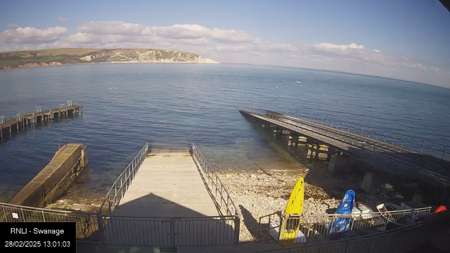 A scenic view of a calm sea under a clear blue sky with a few white clouds. In the foreground, there are wooden piers extending into the water. Two colorful kayaks, one yellow and one blue, are parked by the shore. The area has rocky textures along the water's edge, and distant cliffs are visible on the horizon. The time displayed is 1:01 PM on February 28, 2025.