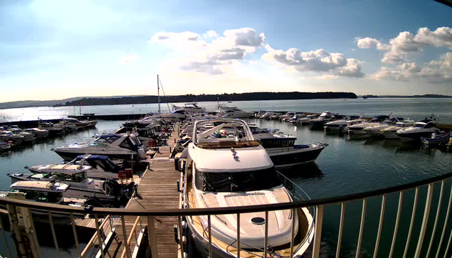 A view of a marina on a sunny day, with multiple boats docked in the water. The foreground features a large white boat with a prominent shape, surrounded by smaller boats of various sizes. A wooden dock extends alongside the boats, and there are people walking and standing near the water. In the background, gentle hills are visible beyond the marina, and the sky is filled with scattered white clouds. The water is calm, reflecting the sunlight.