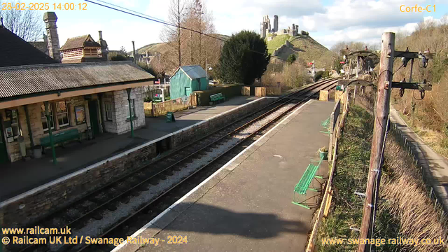 A railway station scene on a sunny day. In the foreground, there is a platform with two green benches and a stone wall along the edge of the tracks. To the left, there is a building with a gabled roof featuring a chimney and windows. Behind the station, there are trees and a blue shed. In the background, a hill rises with the ruins of a castle visible at the top. The sky is partly cloudy. The rails are visible, leading away from the station.