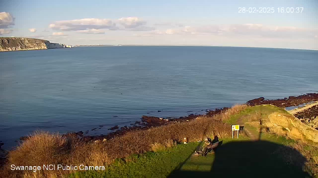 A scenic view of the coastline at Swanage. The foreground features a green grassy area with a person sitting on a bench, overlooking the calm blue sea. To the left, a rugged cliff rises above the water, with a rocky shoreline visible below. A few scattered clouds float in a blue sky, casting shadows on the water and land. In the background, boats can be seen in the distance along the horizon.