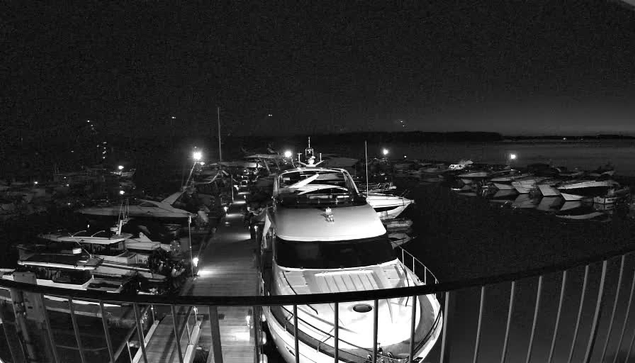 A nighttime scene of a marina filled with various boats docked along wooden walkways. The image is predominantly black and white, with faint lighting illuminating parts of the boats and the dock. Some boats are larger yachts, while others are smaller vessels. The water reflects the dim lights, and a distant horizon can be seen, suggesting a calm and tranquil atmosphere.