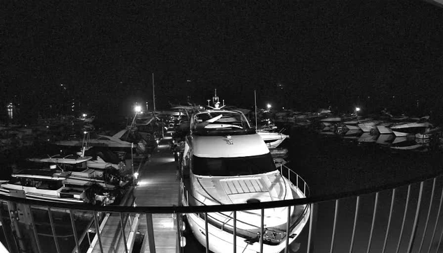 A nighttime scene of a marina with numerous boats docked in the water. A prominent white yacht is in the foreground, with its deck visible. The area is dimly lit, creating a contrast with the dark waters. In the background, many smaller boats are lined up along the docks. A railing is shown in the foreground, adding depth to the image.