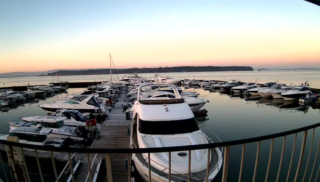 A serene marina at dawn, with numerous boats docked in calm waters. The boats are mostly moored side by side, some are covered, while others display sleek designs. A wooden dock is visible in the foreground, leading away from the camera, and the horizon features soft pastel colors of pink and orange as the sun rises. In the background, there are low hills or land masses framing the scene. The water reflects the colors of the sky, adding to the tranquil atmosphere.